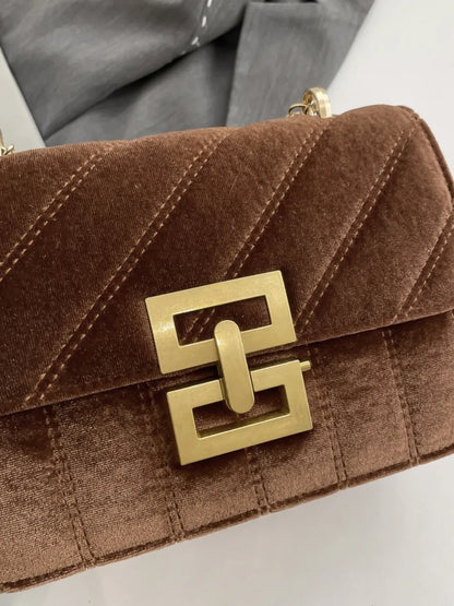 Black Velvet Chain Strap Shoulder Bag with Gold Hardware