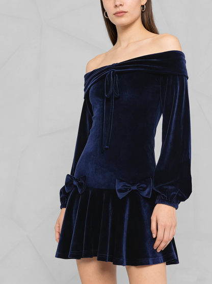 Elegant Velvet Off-Shoulder Mini Dress – Glamorous Lantern Sleeve Party Outfit for Women