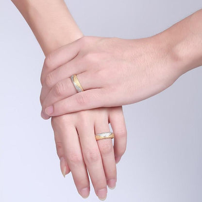 Two-Tone Sand Blasted Couple Ring / Gold & Silver Tone Wedding Band with Small Diamond Accent