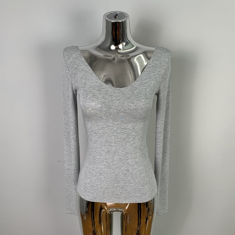Chic Ribbed Long Sleeve V-Neck Top - Slim Fit Solid Grey Casual Base Layer