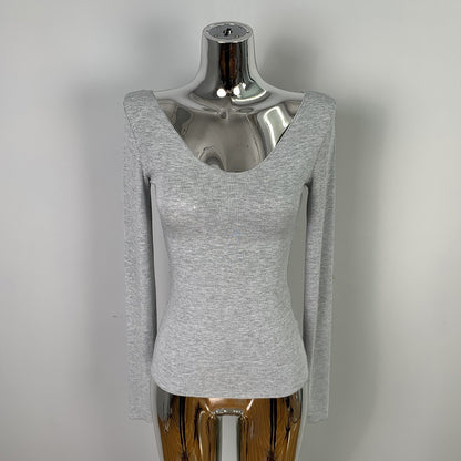 Chic Ribbed Long Sleeve V-Neck Top - Slim Fit Solid Grey Casual Base Layer