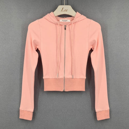 Slim Fit Cropped Zip-Up Hoodie - Peach Pink Lightweight Hooded Sweatshirt for Women