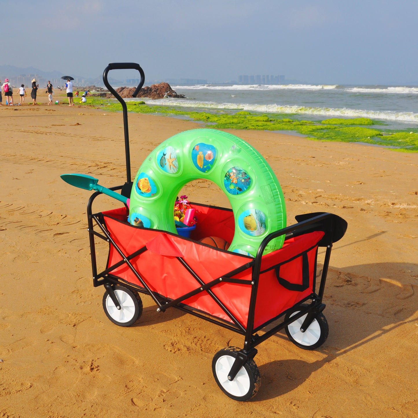 Folding Wagon Garden Shopping Beach Cart – Heavy Duty Red Utility Cart