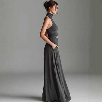 Chic Solid Color Two-Piece Dress Set - High Waist Ruched Long Skirt Outfit