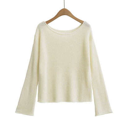 Elegant Off-Shoulder Knitted Sweater – Chic Long Sleeve Solid Color Top for Women