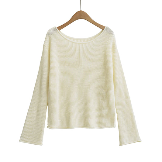 Elegant Off-Shoulder Knitted Sweater – Chic Long Sleeve Solid Color Top for Women