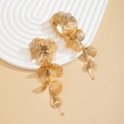 Retro Gold Ginkgo Leaf Tassel Necklace & Long Drop Earrings Set