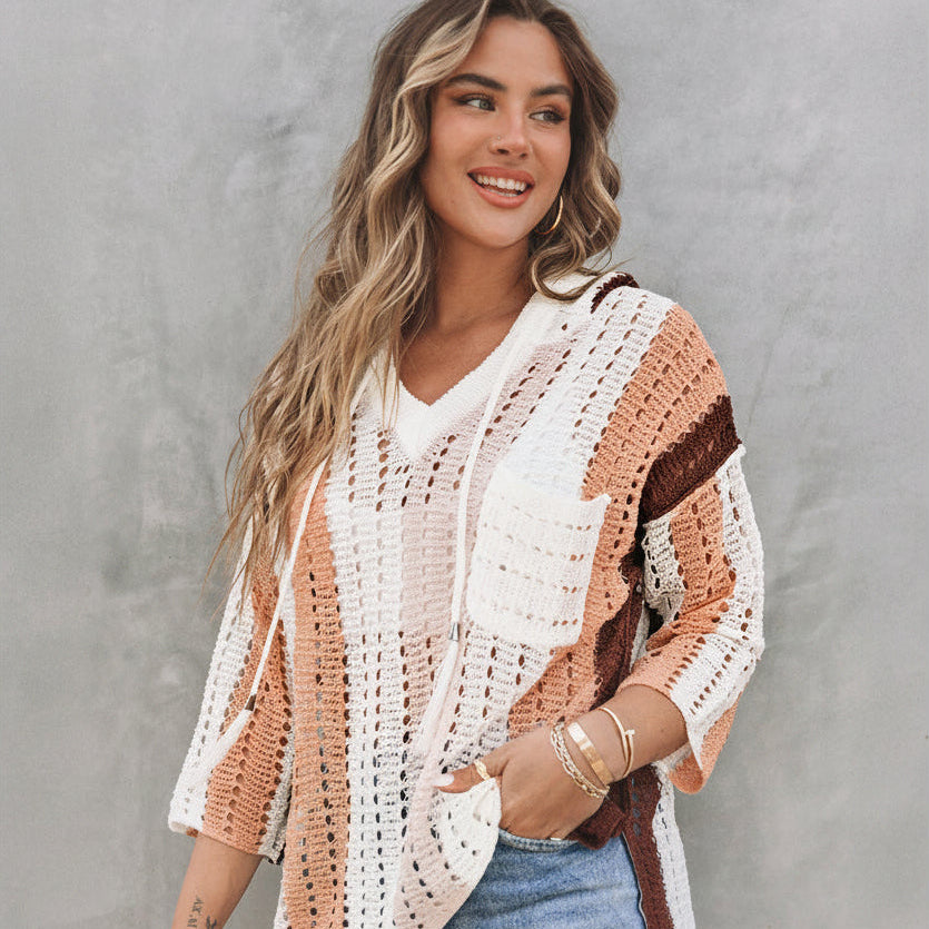 Chic Colorblock Striped Hooded Sweater - Boho Cut Out Knit Pullover