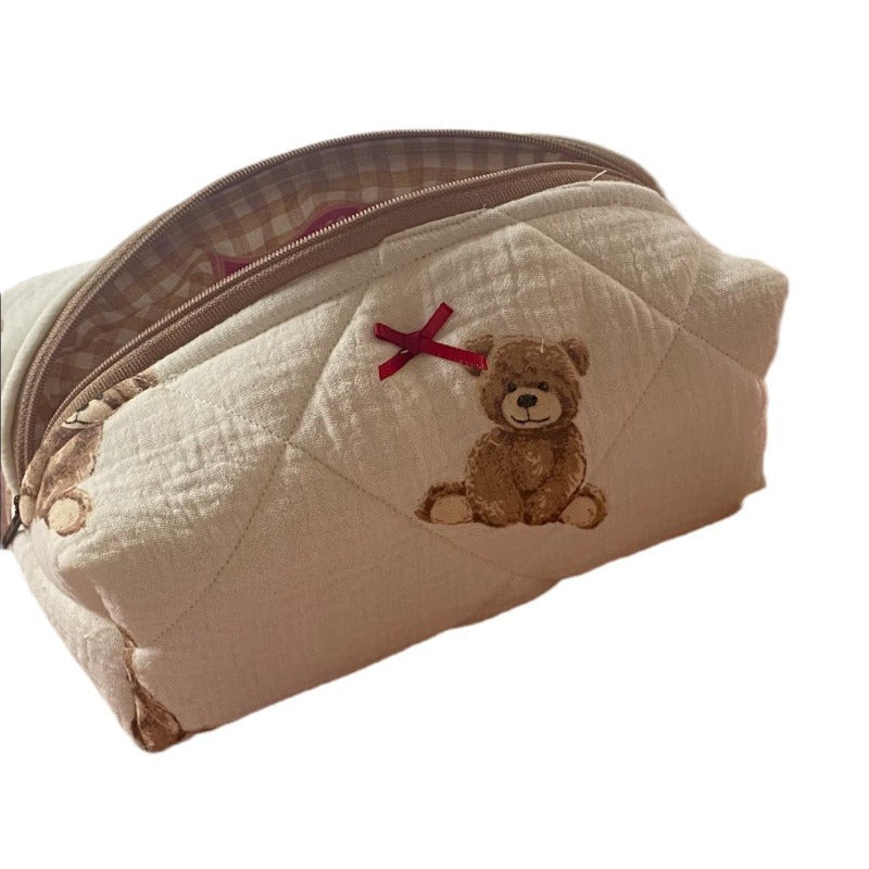 Cute Teddy Bear Quilted Portable Makeup & Skincare Storage Bag