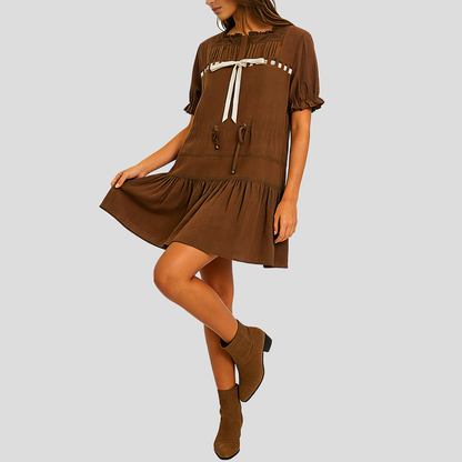 Elegant French Style Velvet Lace Mini Dress with Bow Waist