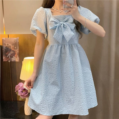 Elegant Square Neck White Bow Mini Dress - Sweet Fairy Style Puff Sleeve Cake Skirt for Women