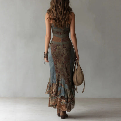 Women's Retro Patchwork Printed Asymmetric Dress - Slim Fit High Slit Maxi Dress