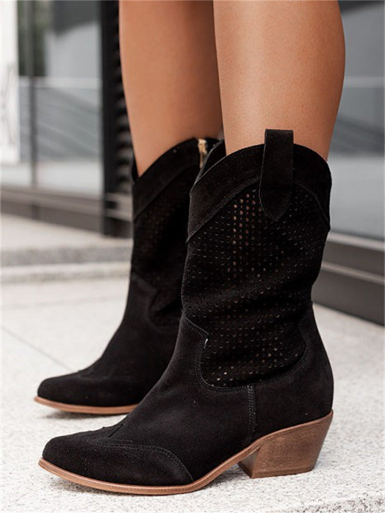 Women's Mid Heeled Suede Low Cut Ankle Boots (Perforated Design)
