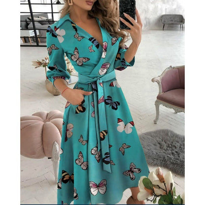 Elegant V-Neck Wrap Midi Dress - Chic Long Sleeve Office & Party Wear for Women