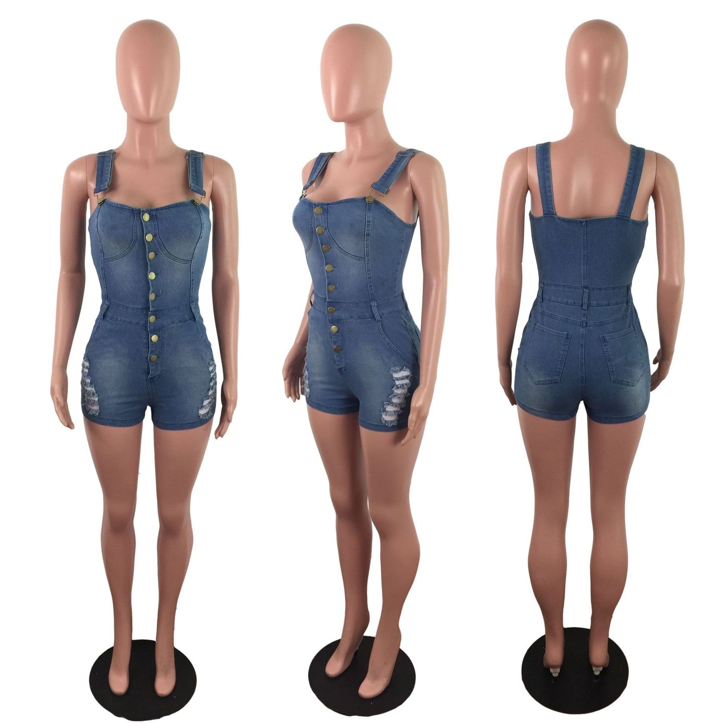 Edgy Slim Fit Denim Jumpsuit – Distressed Sleeveless Jean Romper for Women