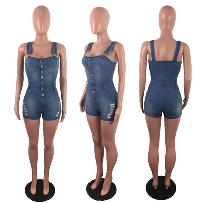 Edgy Slim Fit Denim Jumpsuit – Distressed Sleeveless Jean Romper for Women
