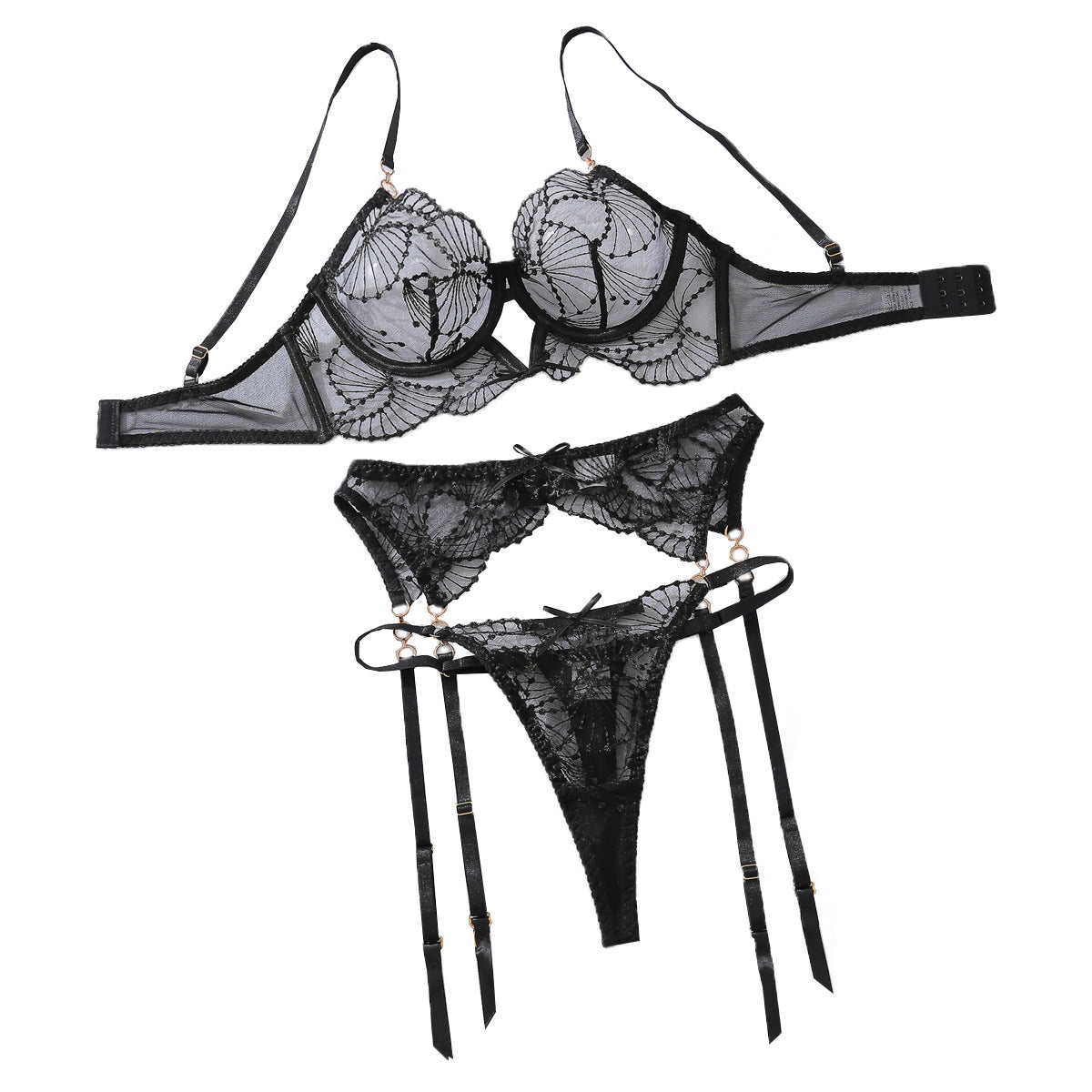 Black Embroidered Lace 3-Piece Lingerie Set with Strappy Panty
