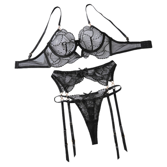 Black Embroidered Lace 3-Piece Lingerie Set with Strappy Panty