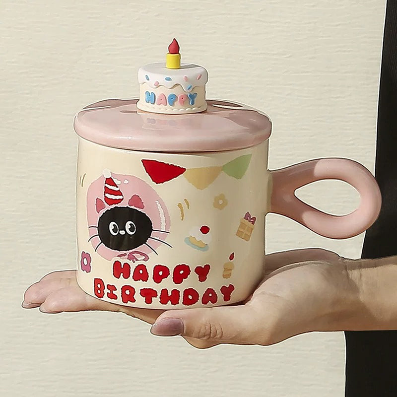 Adorable Cartoon Cat Birthday Ceramic Mug with Lid and Gift Box