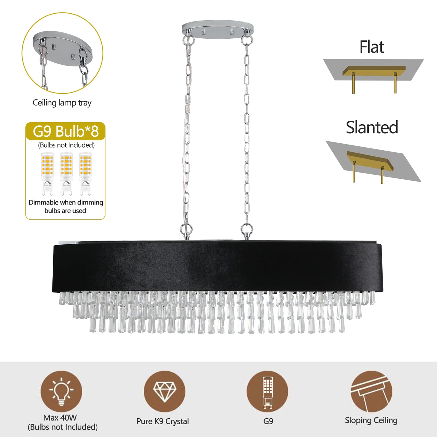 Luxury Modern Black Crystal Chandelier – Elegant Round Pendant Light for Dining & Living Room