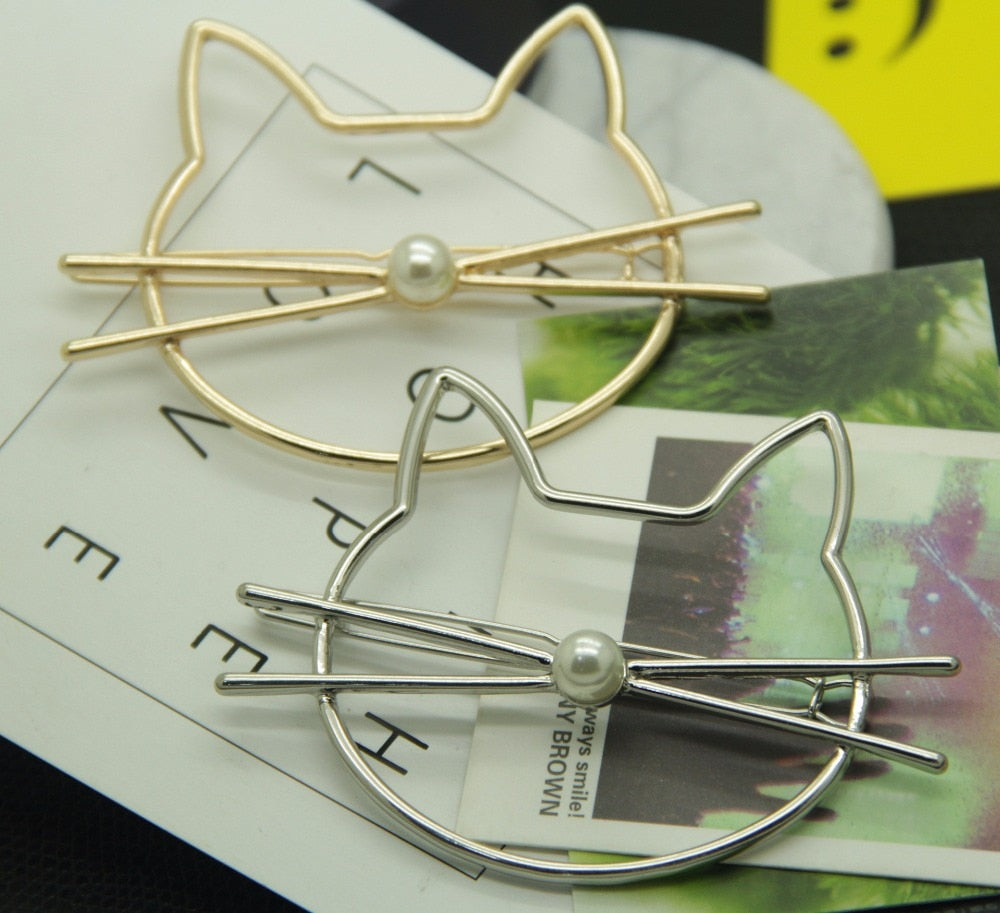 Hollow Out Cute Cat Head Hair Clip / Gold Tone Imitation Pearl Hair Pin for Women and Girls