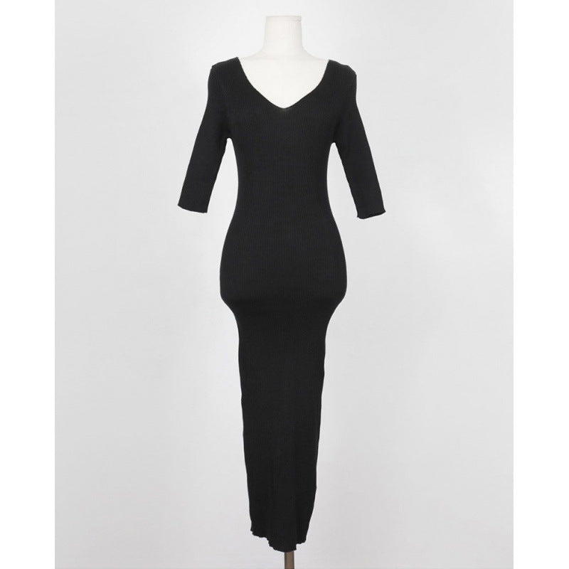 Ribbed V-Neck Bodycon Maxi Dress - Slim Fit Half Sleeve Sage Green Long Gown