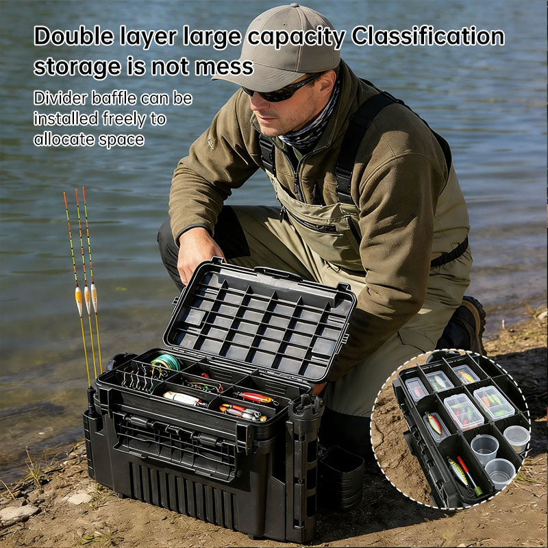 Portable 2-Layer Fishing Tackle Box with Rod & Cup Holder