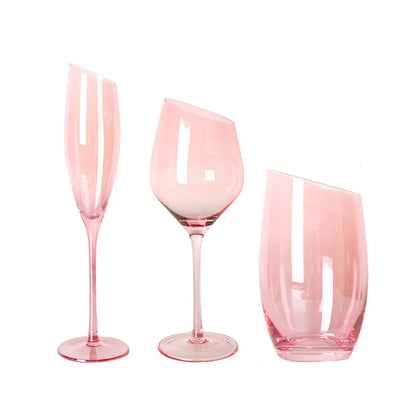 Pink Crystal Bordeaux Wine Glasses | Slanted Rim High-Value Water Cup Set | Aesthetic Home Decor