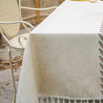 Premium Linen Rectangular Tablecloth – Simple Fabric Dining Table Cover with Elegant Tassels & Embroidery