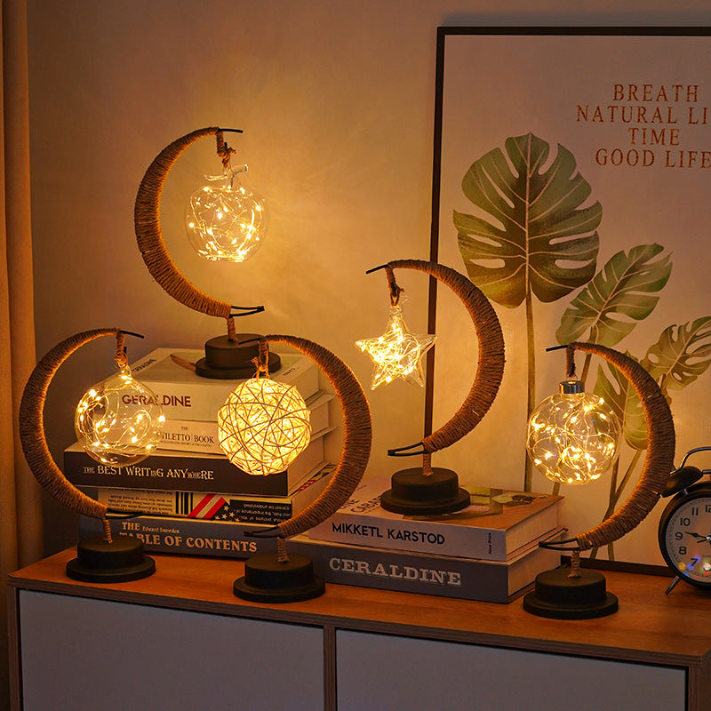 LED Star in Moon Night Light with Hemp Rope and Iron Art Base