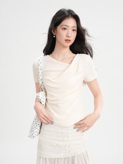 Women's Ruffled Neck Convertible Top - Casual Chic Short Sleeve Tee
