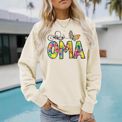 OMA" Butterfly Tie-Dye Print Sweatshirt | Loose Fit Brown Pullover for Grandmas