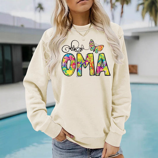 OMA" Butterfly Tie-Dye Print Sweatshirt | Loose Fit Brown Pullover for Grandmas