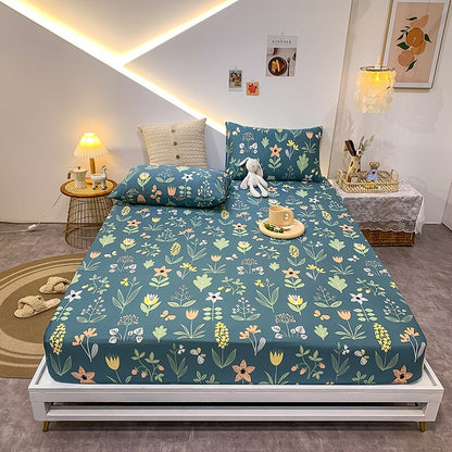 Premium Cotton Elastic Fitted Bed Sheet – Non-Slip Geometric Printed Bed Linen for Queen & King Size Beds
