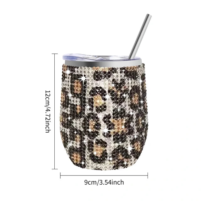 12oz Luxury Diamond Rhinestone Wine Tumbler - Insulated Stainless Steel Cup with Straw & Lid
