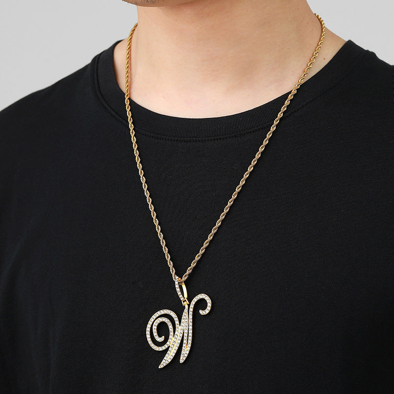 Iced Out Initial Letter Pendant Cuban Chain Necklace