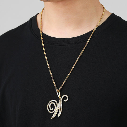 Iced Out Initial Letter Pendant Cuban Chain Necklace