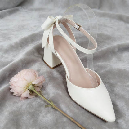 Women's Off-White Bow Chunky Heel Pointed Toe Sandals