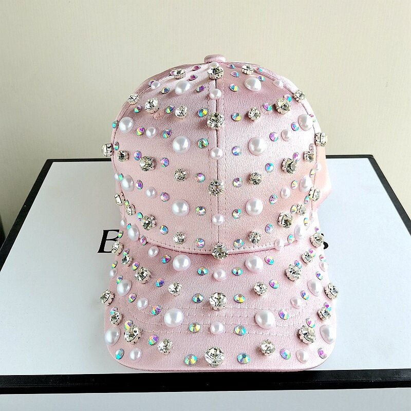 Elegant Pearl & Rhinestone Luxury Baseball Cap for Women - Adjustable Fashion Sun Hat