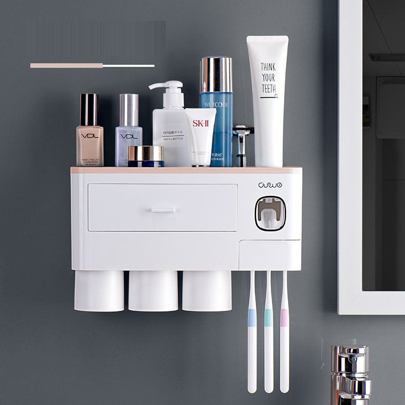 All-in-One Wall-Mounted Toothbrush Holder – Magnetic Cup Set with Automatic Toothpaste Squeezer & Storage Drawer