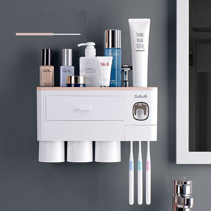 All-in-One Wall-Mounted Toothbrush Holder – Magnetic Cup Set with Automatic Toothpaste Squeezer & Storage Drawer