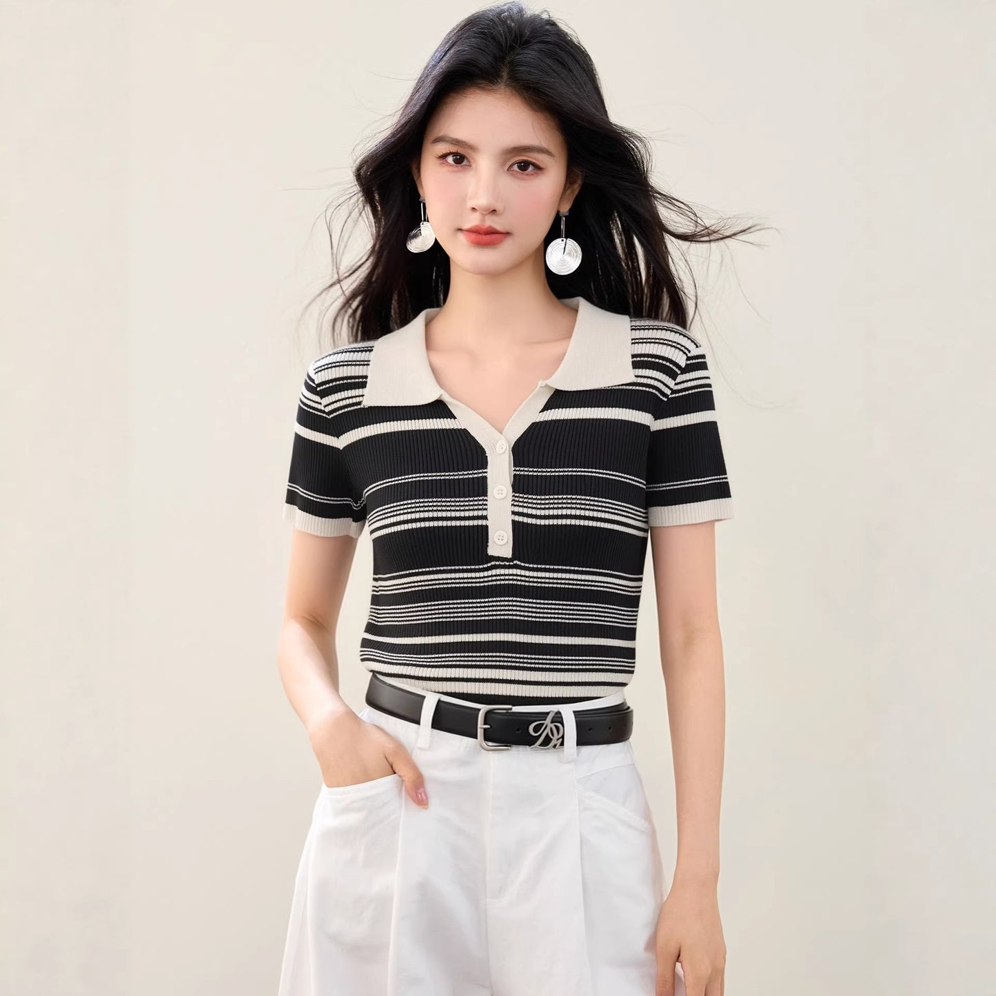 Fashionable Striped Knit Polo Shirt - Slim Fit Casual Summer Top for Women