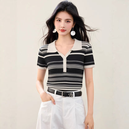 Fashionable Striped Knit Polo Shirt - Slim Fit Casual Summer Top for Women