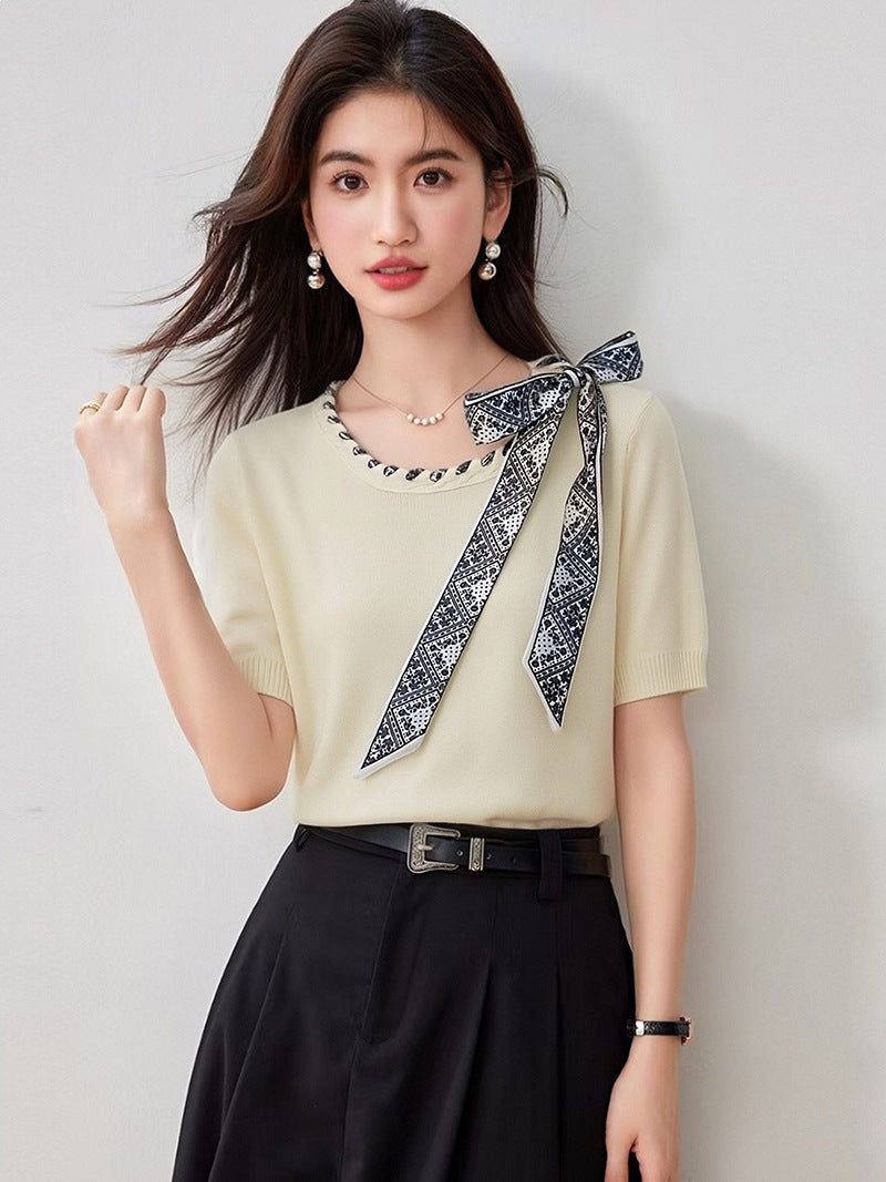 Elegant Bow Knotted Short Sleeve Knit Top - Summer Chic High-End Fashion