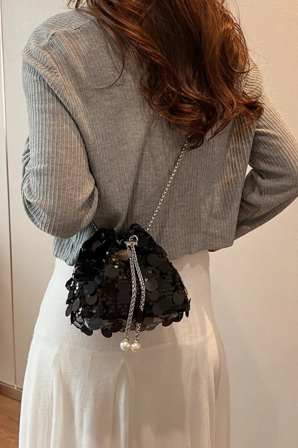 Shimmering Drawstring Sequin Pouch Crossbody Bag