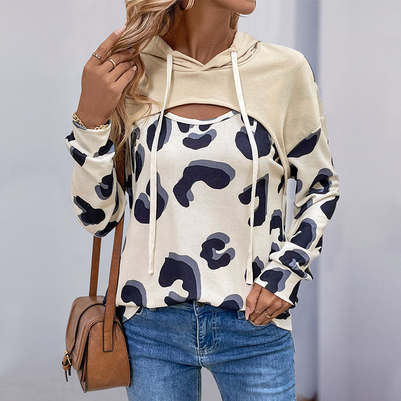 Leopard Print Patchwork Hollowed Out Hooded Sweatshirt | Fake Two-Piece Pullover Top