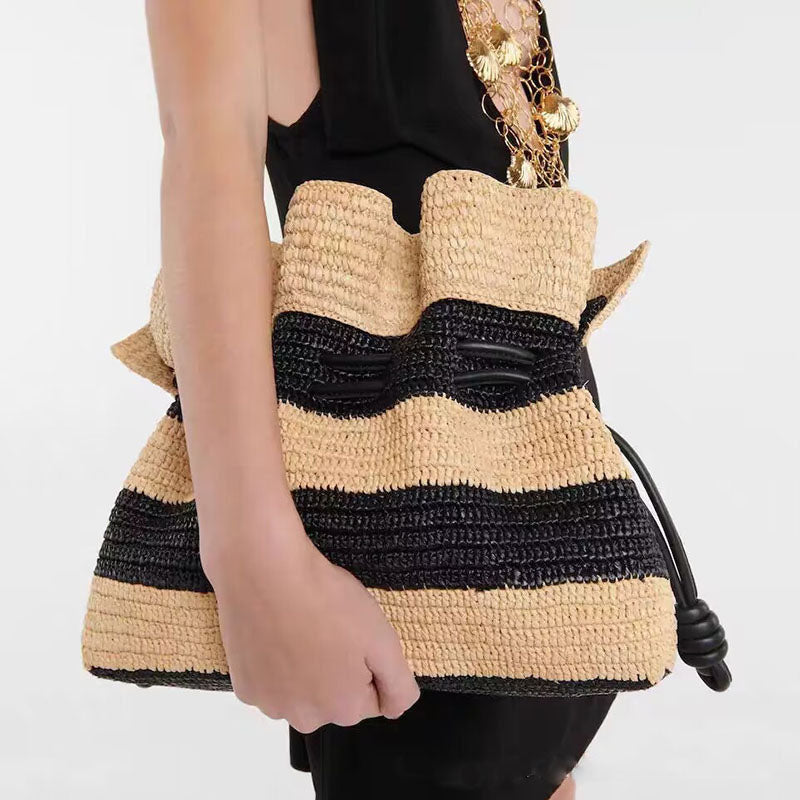French Style Drawstring Straw Bag with Black Stripes
