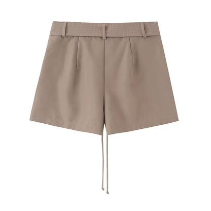 French Style Pleated High-Waisted Shorts with Drawstring Waist Belt