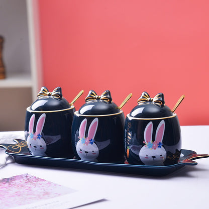 Cute Cartoon Rabbit Ceramic Spice Jar Set - 3 Pieces with Tray