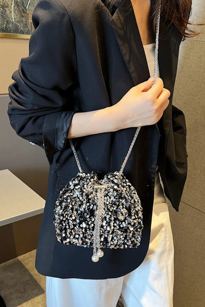 Sparkling Sequin Drawstring Bucket Bag with Chain Strap